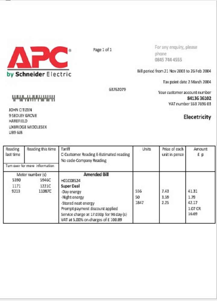 United Kingdom APC electricity utility bill template in Word and PDF format